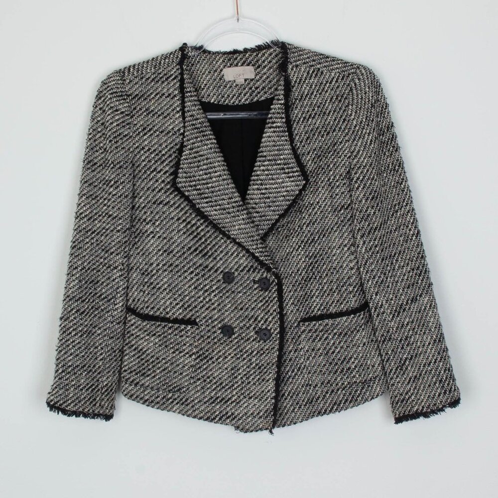 Loft Womens Double Breasted Tweed Blazer Size 0 Black White Preppy Office Work
